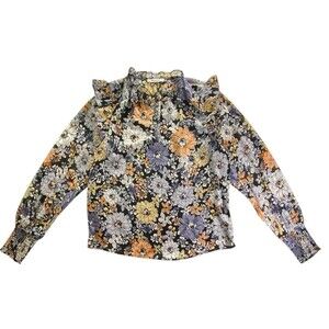 BB Dakota Floral Ruffle Neck Blouse Women M Smocked Cuffs Boho Long Sleeve